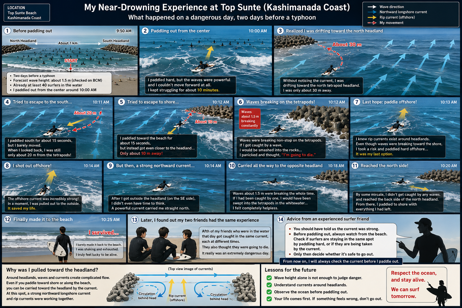 14-panel infographic reconstructing the Kashima-nada headland incident, generated by GPT-5.5