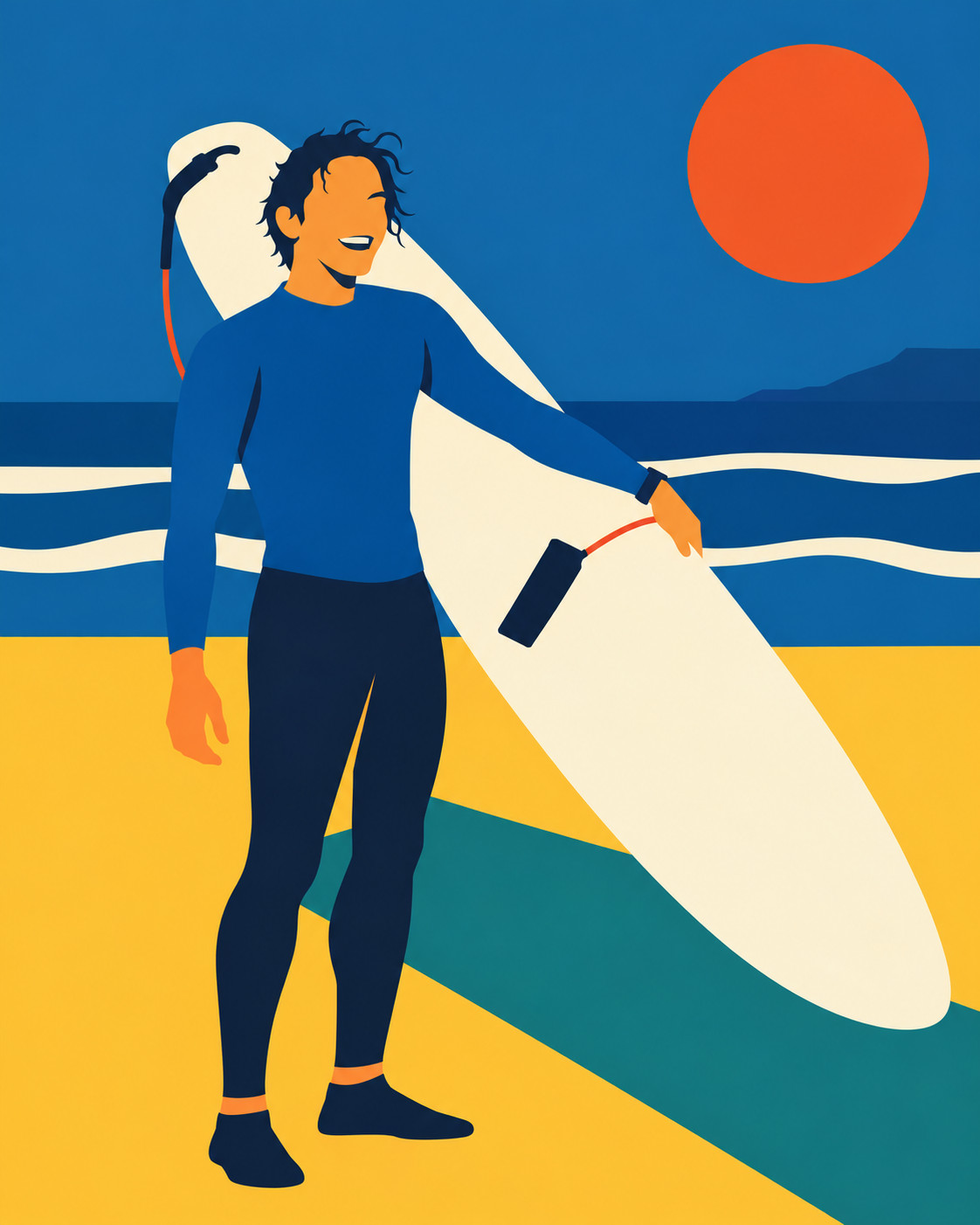 A flat-colour illustration of a surfer in a blue wetsuit top walking up the sand with a white longboard under one arm, the sea in bands behind and a low orange sun.